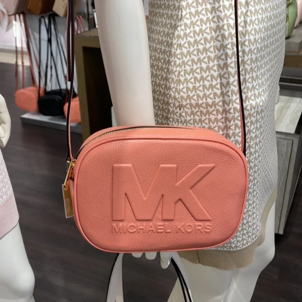 Michael Kors Jet Set Medium Embossed Pebbled Leather Crossbody Bag Sherbert
